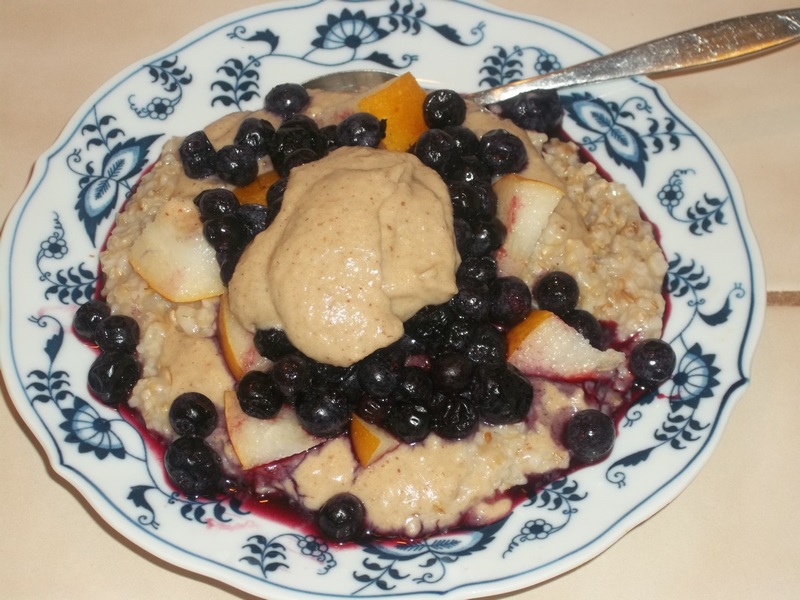Sweet bean cream folded into whole oats and topped with Asian pears and blueberries